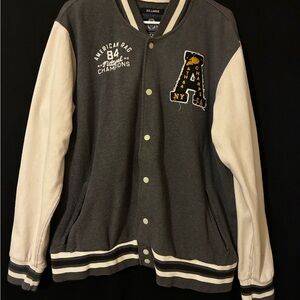 American Rag Charcoal and Cream Varsity Jacket